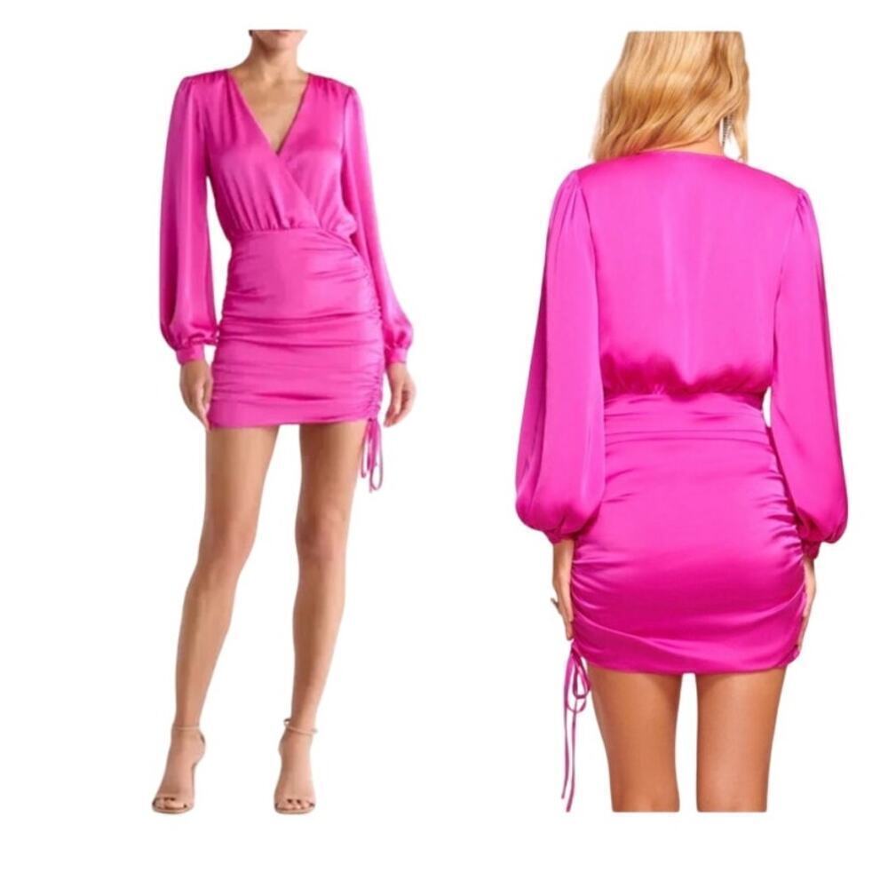 Ramy Brook Foxy Side Ruched Long Sleeve Mini Satin Dress Elpin Hot Pink 2